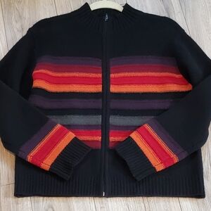 Sarah Spencer 100% Lambswool Zip-Up Sweater Cardigan Black/Red/Orange, Lg P, EUC